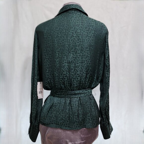 Jade Green Cheetah Print Blouse with Ribbon Waistline - Picture 4 of 11